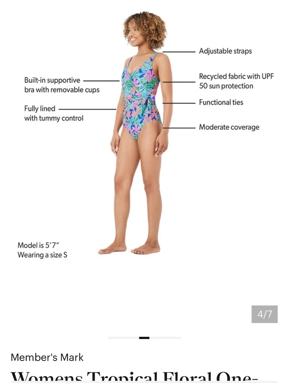 Member's Mark Women's Tropical Floral One-Piece Swimsuit - Blue & Pink